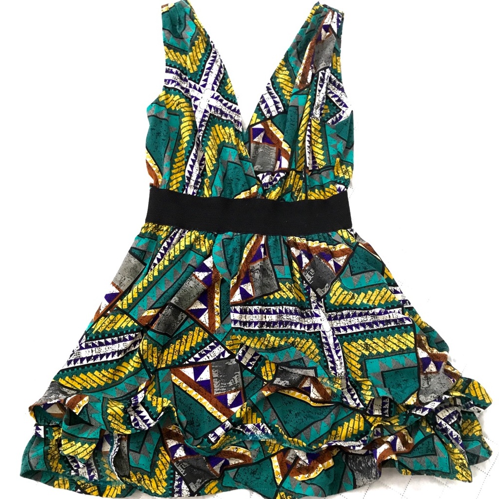 Green and Yellow Geometric Cocktail Party Dress